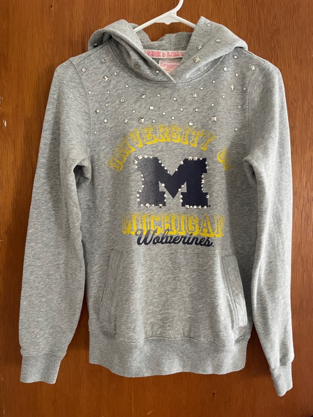 Vintage PINK Victoria's Secret Gray Hoodie with Pink Logo Trim and Silver Studs